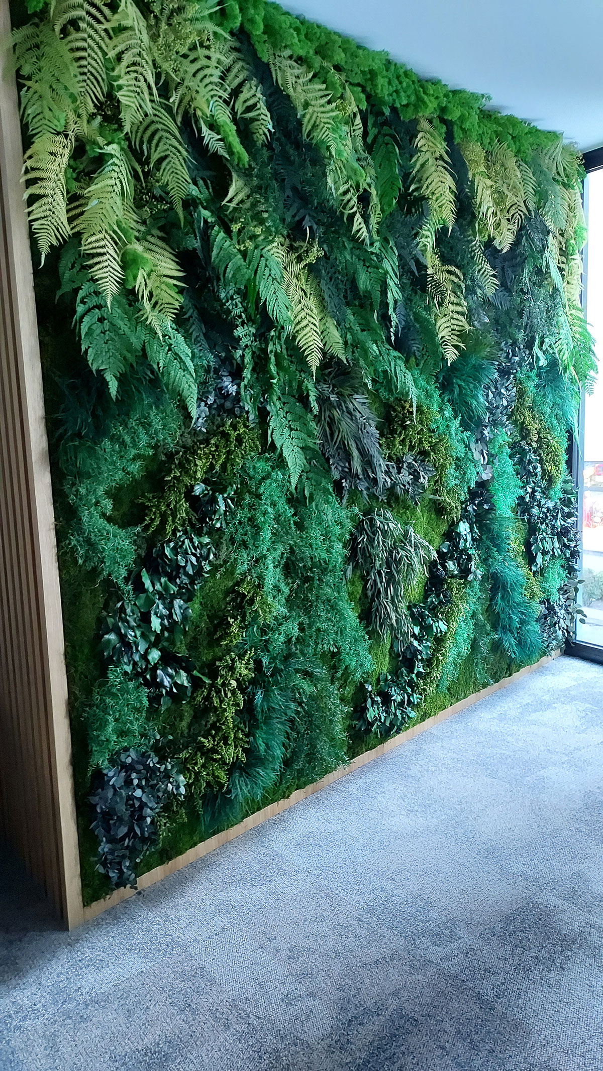 Ściana z zielonego mchu w biurze Match Trade Technologies.