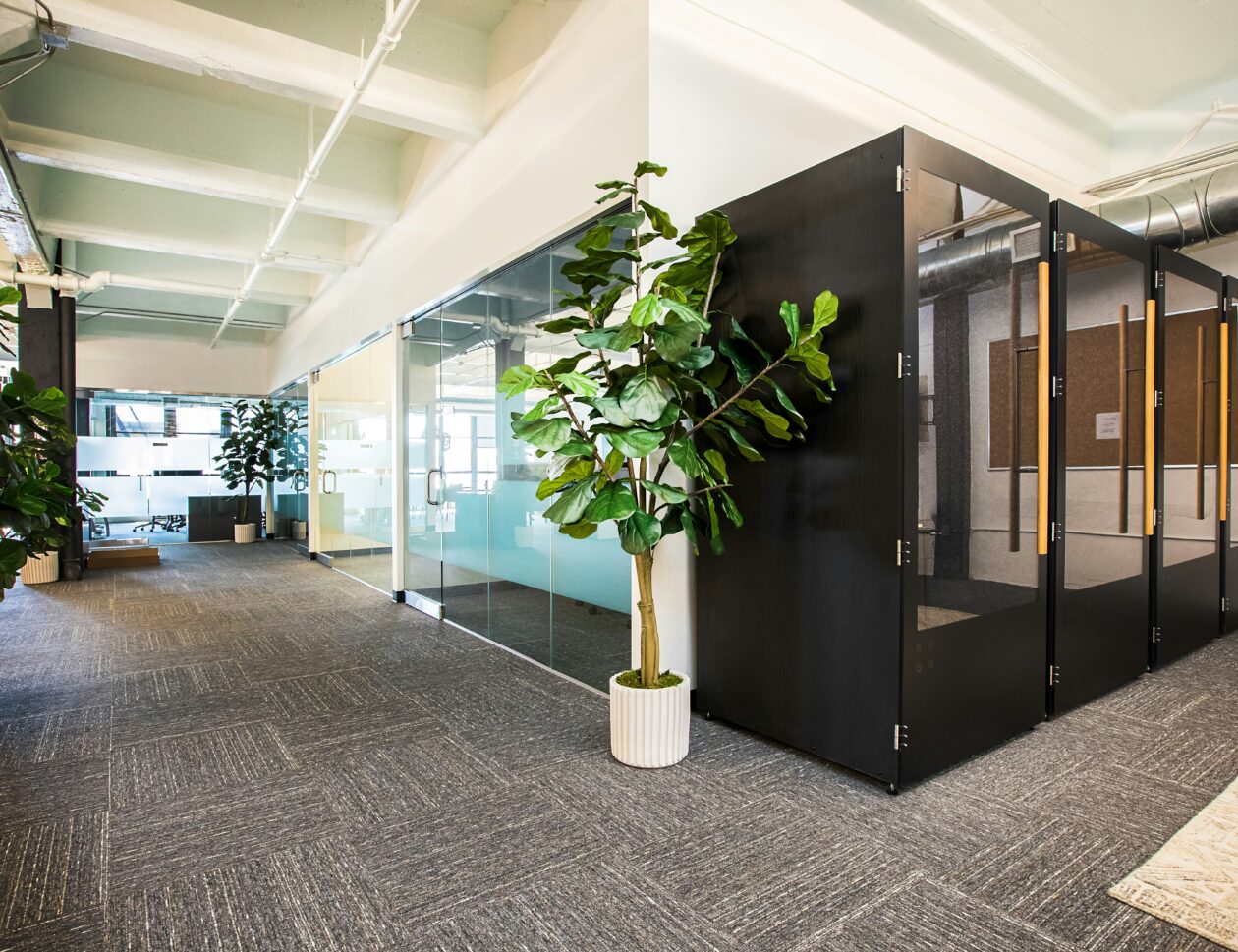 Biuro z rośliną na środku pokoju.