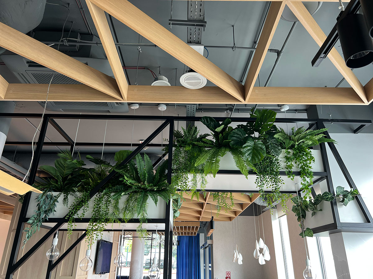 Biuro w stylu Booksy z roślinami zwisającymi z sufitu.