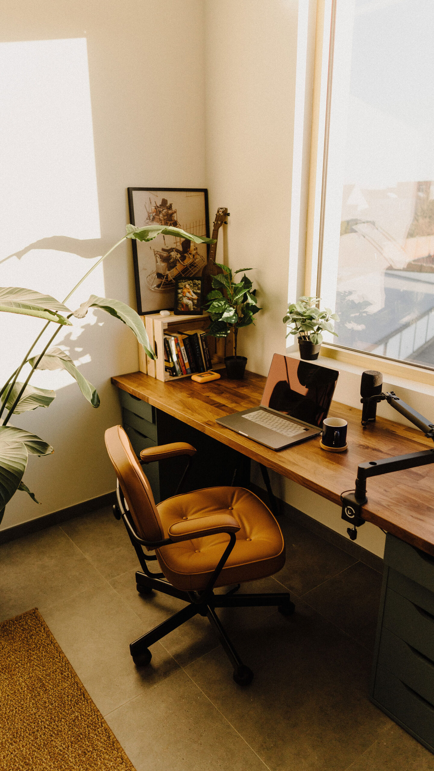 Biofilne domowe biuro z biurkiem, krzesłem i rośliną.