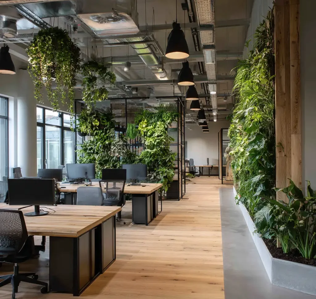 Nowoczesna przestrzeń biurowa z drewnianymi biurkami, ergonomicznymi krzesłami i dużą ilością roślin na ścianach i przegrodach, tworząc jasne, otwarte i zielone środowisko pracy.