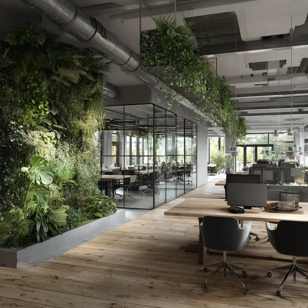 Nowoczesne biuro z przeszklonymi ścianami, otwartymi przestrzeniami roboczymi, drewnianymi podłogami i dużą ilością roślin w pomieszczeniach, w tym zieloną ścianą i donicami sufitowymi. Naturalne światło wypełnia przestrzeń.