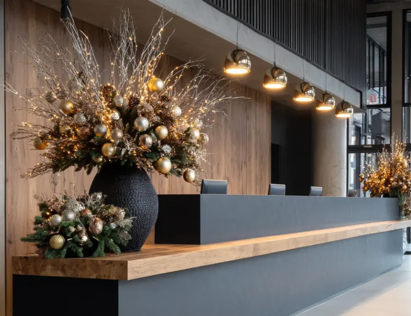 Nowoczesna recepcja hotelowa ozdobiona dużymi wazonami z dekoracyjnymi gałęziami, złotymi ornamentami i świątecznymi lampkami; ciepłe oświetlenie górne, okna sięgające od podłogi do sufitu i stylowe dekoracje świąteczne do biura w tle.