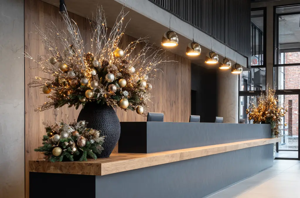 Nowoczesna recepcja hotelowa ozdobiona dużymi wazonami z dekoracyjnymi gałęziami, złotymi ornamentami i świątecznymi lampkami; ciepłe oświetlenie górne, okna sięgające od podłogi do sufitu i stylowe dekoracje świąteczne do biura w tle.