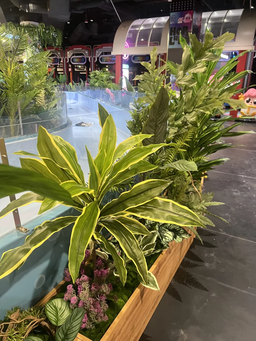 Drewniana donica wypełniona różnymi zielonymi roślinami jest umieszczona obok szklanej bariery w krytym obiekcie z kolorowym wystrojem i automatami do gier w tle.