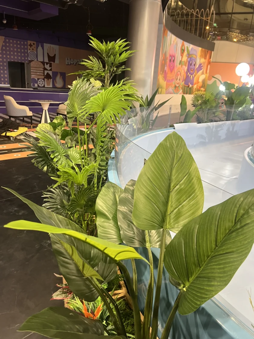 Rośliny domowe ustawione obok jasnoniebieskiej zakrzywionej bariery, z kolorową grafiką ścienną i częścią wypoczynkową widoczną w tle.