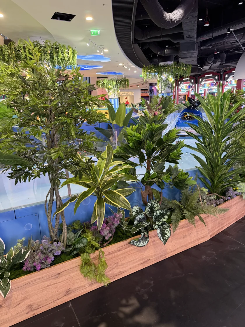 Różnorodne zielone i liściaste rośliny są ułożone w drewnianej donicy obok niebieskiej konstrukcji w wewnętrznej przestrzeni publicznej.