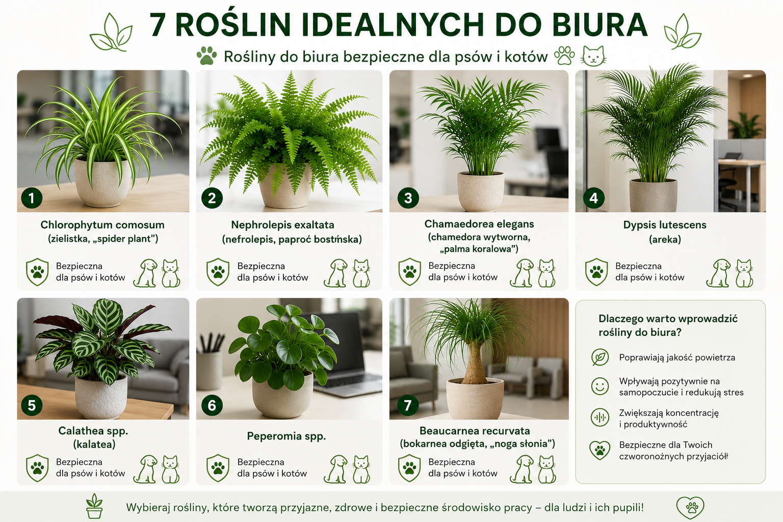 Infografika w języku polskim przedstawia siedem różnych roślin doniczkowych, które są bezpieczne dla kotów i psów, wraz z nazwami roślin, ikonami oraz wskazówkami dotyczącymi pielęgnacji w warunkach biurowych.