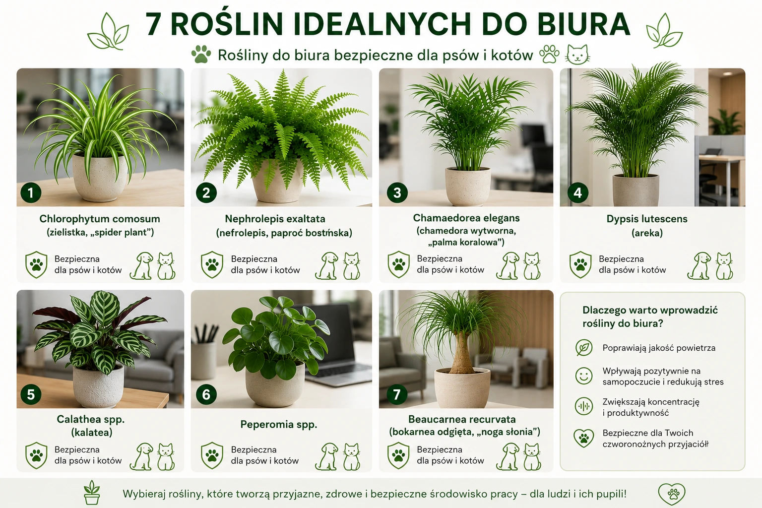 Infografika przedstawiająca siedem roślin biurowych bezpiecznych dla psów i kotów — co ma znaczenie w kontekście zagadnienia „zwierzęta w biurze a rośliny trujące” — wraz ze zdjęciami i nazwami: Chlorophytum, Nephrolepis, Chamaedorea, Dypsis, Calathea, Peperomia, Beaucarnea.