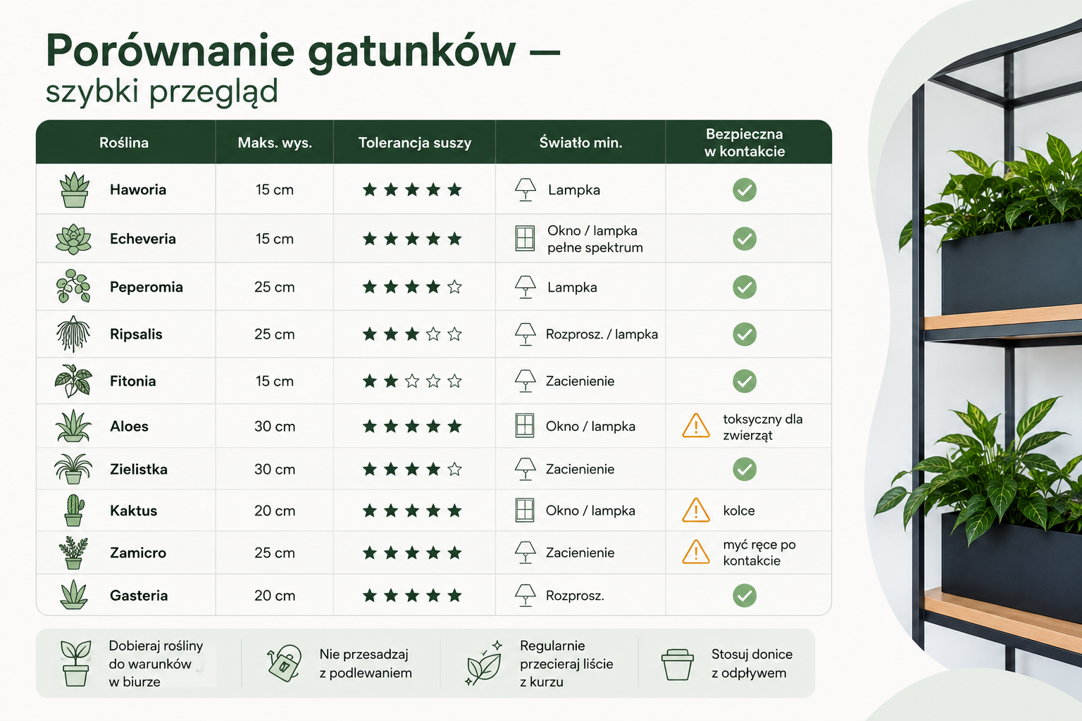 Tabela porównawcza różnych gatunków roślin, przedstawiająca ich maksymalną wysokość, odporność na suszę, wymagania świetlne oraz bezpieczeństwo dla zwierząt domowych — ze szczególnym uwzględnieniem artykułu „Zwierzęta w biurze a rośliny trujące”, zawierająca zdjęcia roślin oraz ikony ilustrujące wskazówki dotyczące pielęgnacji.